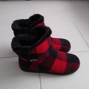 Women's red and black plaid booties. Size 10